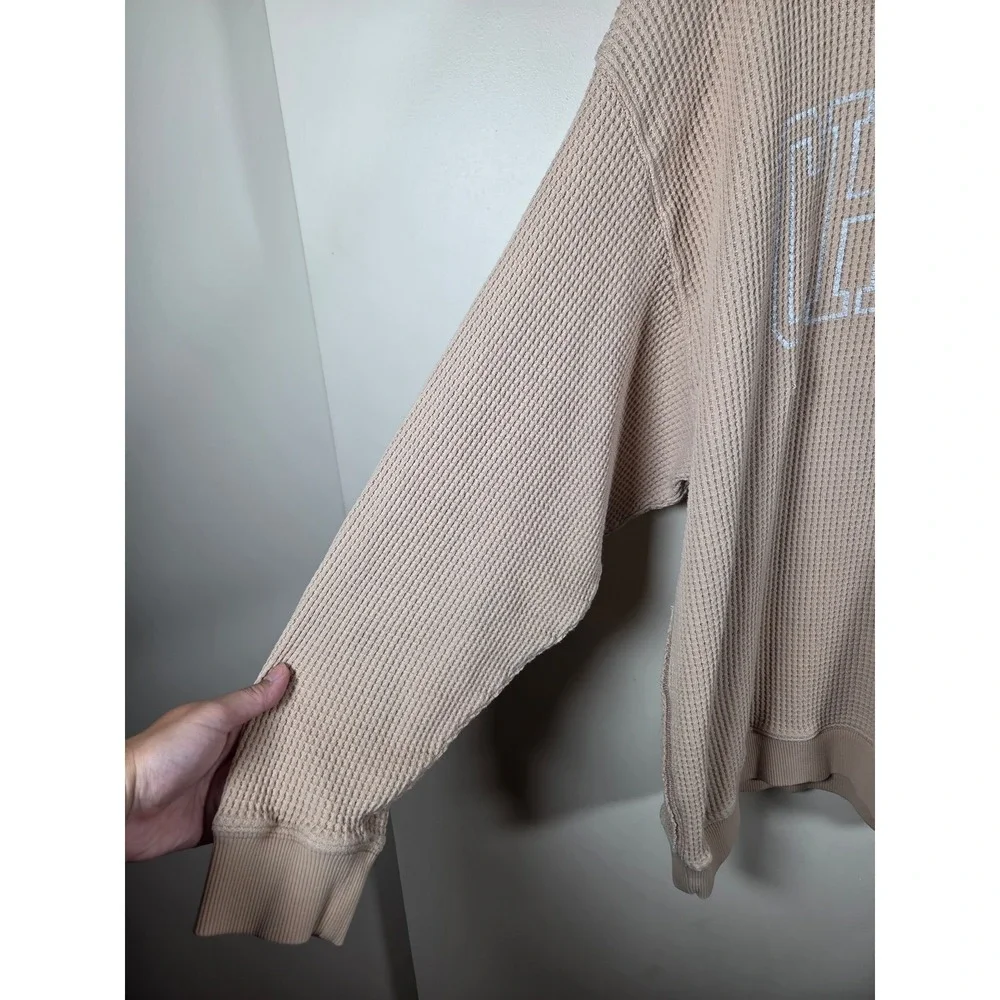 Aerie Chicago Waffle Knit Pullover W XXL Tan Oversized Graphic Cozy Sweatshirt